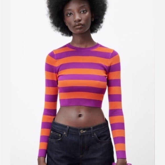 Zara Striped Cropped Knit Sweater M Purple & Orange - Picture 1 of 10